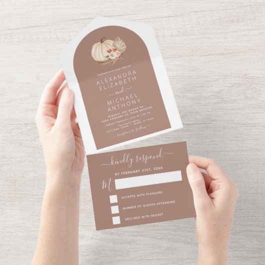 Wedding White Pumpkins Boho Terracotta All In One Uitnodiging (Afscheurbaar)