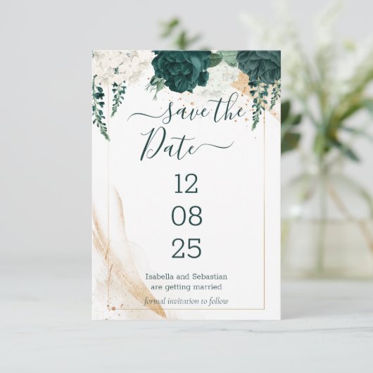 Wedding White Save the Date Emerald Green (Staand voorkant)