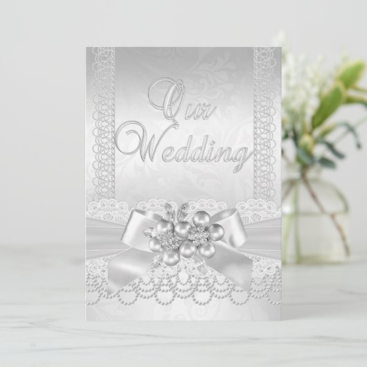 Wedding White Silver Pearl Lace Damask Diamond 2 Kaart (Staand voorkant)