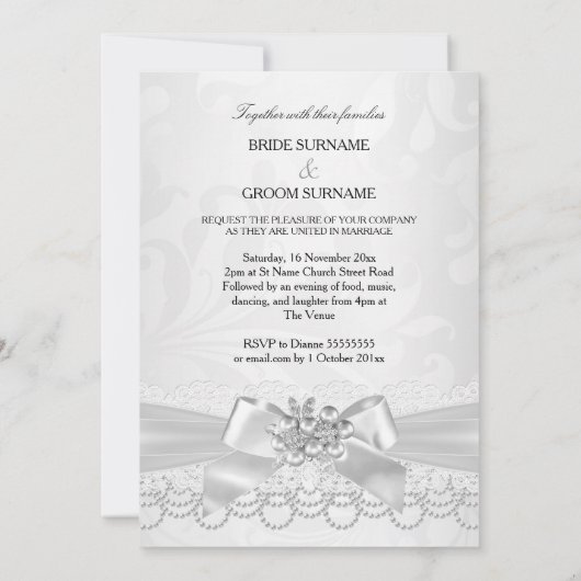 Wedding White Silver Pearl Lace Damask Diamond 2 Kaart (Achterkant)
