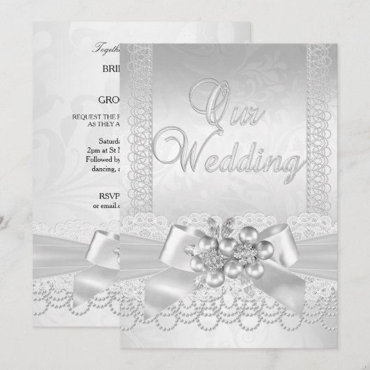 Wedding White Silver Pearl Lace Damask Diamond 2 Kaart (Voorkant / Achterkant)