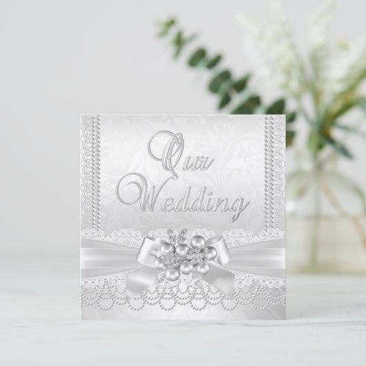 Wedding White Silver Pearl Lace Damask Diamond Kaart (Staand voorkant)