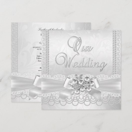 Wedding White Silver Pearl Lace Damask Diamond Kaart (Voorkant / Achterkant)