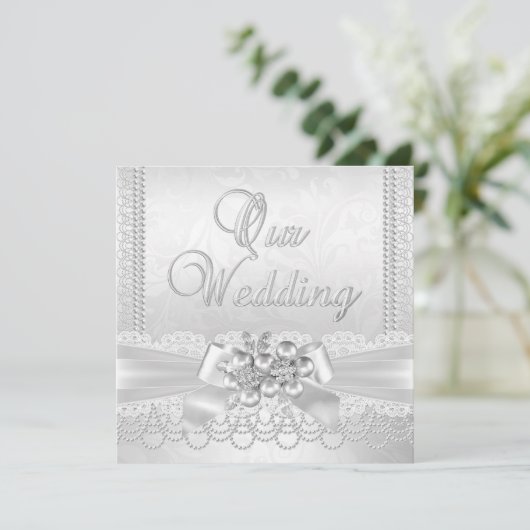 Wedding White Silver Pearl Lace Damask Diamond Kaart (Staand voorkant)