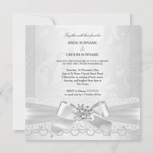 Wedding White Silver Pearl Lace Damask Diamond Kaart (Achterkant)