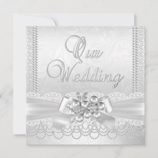 Wedding White Silver Pearl Lace Damask Diamond Kaart (Voorkant)