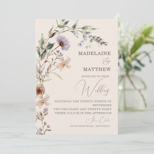Wedding Wildflowers Cream Elegant Modern Kaart (Staand voorkant)