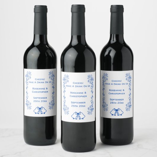 Wedding Wine Label Blue Sapphire Bells Scrollwork Wijn Etiket (Flessen)