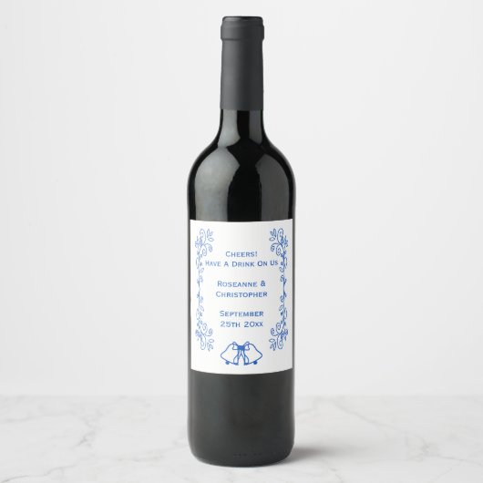 Wedding Wine Label Blue Sapphire Bells Scrollwork Wijn Etiket (Voorkant)