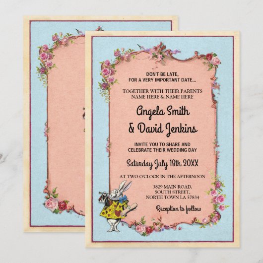 Wedding Wonderland Konijn Vintage Floral invite Kaart (Voorkant / Achterkant)