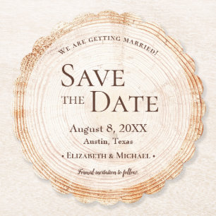 Wedding Wood cut slice tree bark save the date Kartonnen Onderzetters