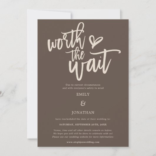 Wedding Worth the Wait Script Brown Cream Save The Date (Voorkant)