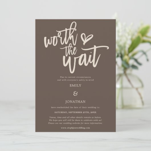 Wedding Worth the Wait Script Brown Cream Save The Date (Staand voorkant)