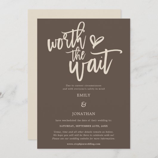 Wedding Worth the Wait Script Brown Cream Save The Date (Voorkant / Achterkant)