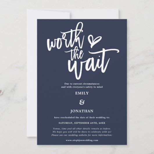 Wedding Worth the Wait Script Navy White Save The Date (Voorkant)