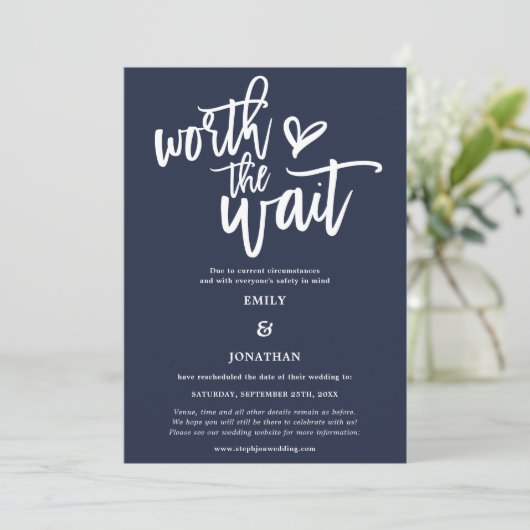 Wedding Worth the Wait Script Navy White Save The Date (Staand voorkant)