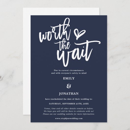 Wedding Worth the Wait Script Navy White Save The Date (Voorkant / Achterkant)