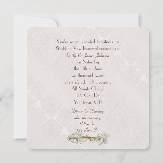 Wedding Wreath op Damask Vow Renewal Kaart (Achterkant)