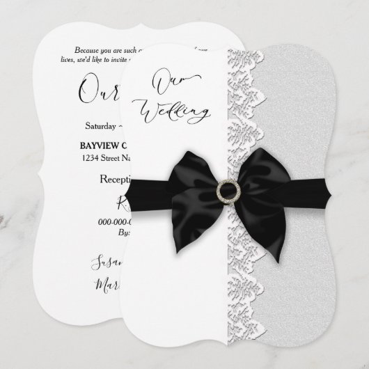 Wedding, Zwarte Bow/Ribbon, Lace (Faux)-grens Kaart (Voorkant / Achterkant)