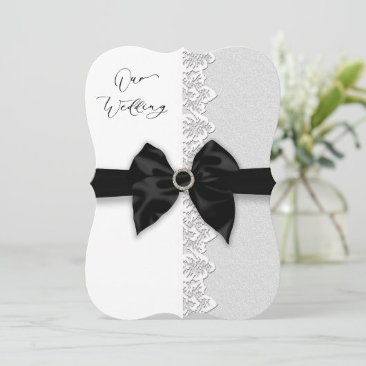 Wedding, Zwarte Bow/Ribbon, Lace (Faux)-grens Kaart (Staand voorkant)