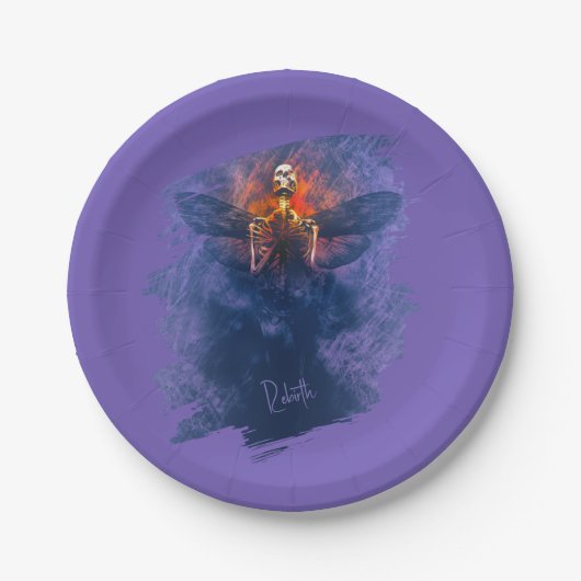 Wedergeboorte. Skelet met opstijgende vleugels Papieren Bordje (Voorkant)