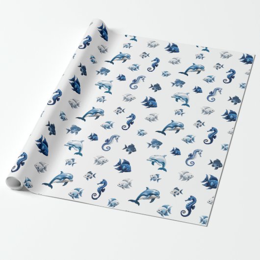 Wedgewood Blue Ocean Creatures! Cadeaupapier (Uitgerold)