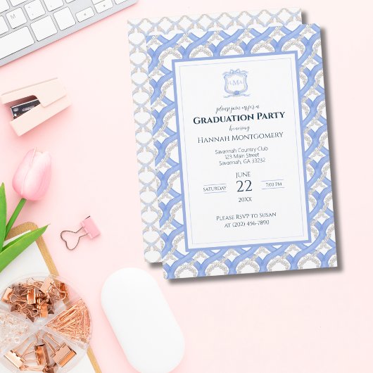 Wedgewood Monogram Graduation Party Invitation Kaart