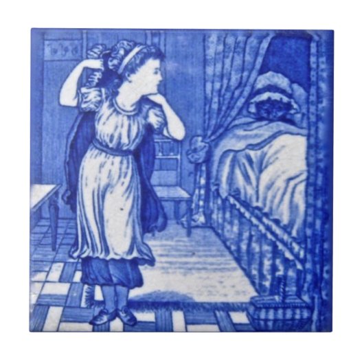 Wedgwood 1880 Red Riding Hood & Wolf Blue Tile Tegeltje (Voorkant)