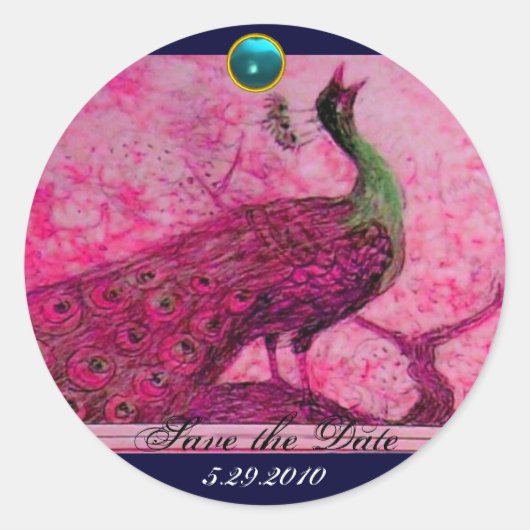 WEDING LOVE PEACOCK roze fuchsia blue aquamarine Ronde Sticker (Voorkant)