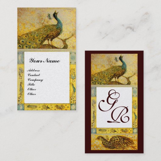 WEDING LOVE PEACOCKS MONOGRAM, gele bruine parel Visitekaartje (Voorkant / Achterkant)