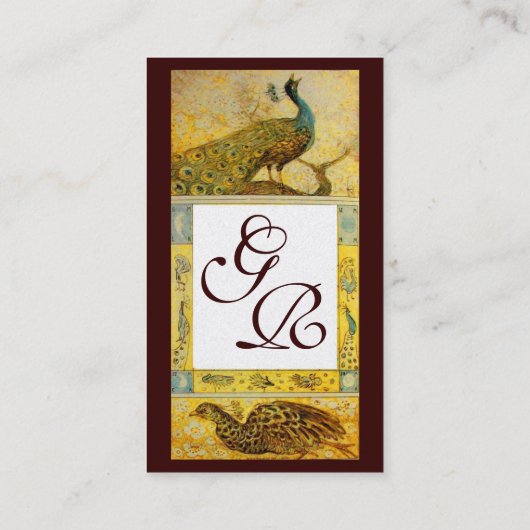 WEDING LOVE PEACOCKS MONOGRAM, gele bruine parel Visitekaartje (Achterkant)