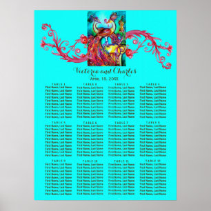 WEDING LOVE PEACOCKS Red Swirl Blue Seing Chart Poster