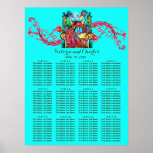 WEDING LOVE PEACOCKS Red Swirl Blue Seing Chart Poster