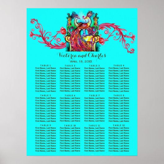 WEDING LOVE PEACOCKS Red Swirl Blue Seing Chart Poster (Voorkant)
