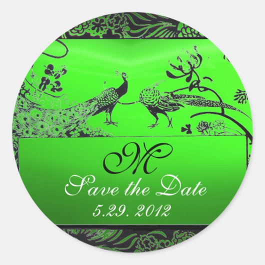 WEDING TORTELDUIFJES MONOGRAM zwart-wit groen Ronde Sticker (Voorkant)