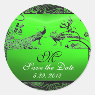 WEDING TORTELDUIFJES MONOGRAM zwart-wit groen Ronde Sticker
