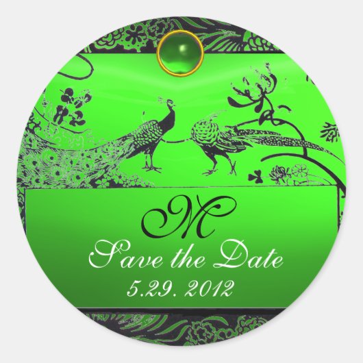 WEDING TORTELDUIFJES MONOGRAM zwart-wit groen Ronde Sticker (Voorkant)