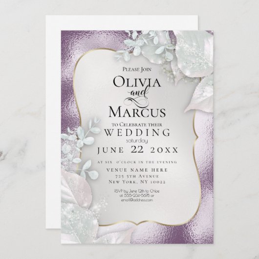 WEDING | Uitnodiging Eggplant Pearl Shimmer (Voorkant / Achterkant)