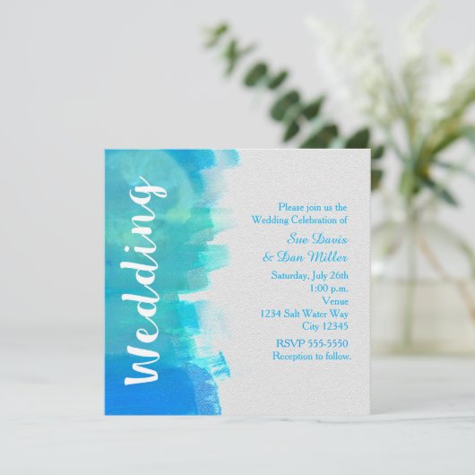 WEDING Waterverf Beach tropisch blauw uitnodiging (Staand voorkant)