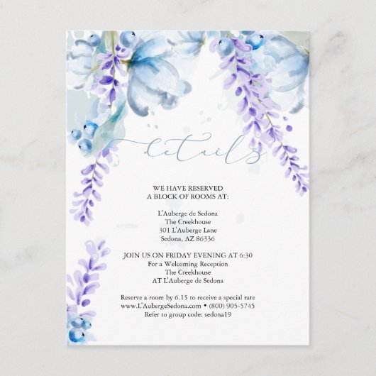WEDINGGEGEVENS | Lavender Dusty Blue Floral Informatiekaartje (Voorkant)