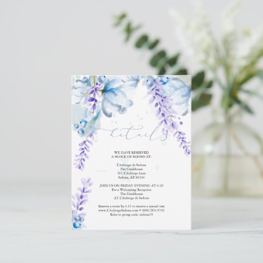 WEDINGGEGEVENS | Lavender Dusty Blue Floral Informatiekaartje (Staand voorkant)