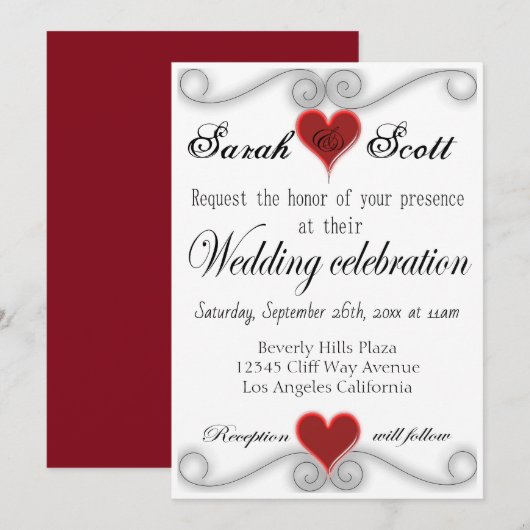 WEDINGINVITATIE Elegant modern rood hart Kaart (Voorkant / Achterkant)