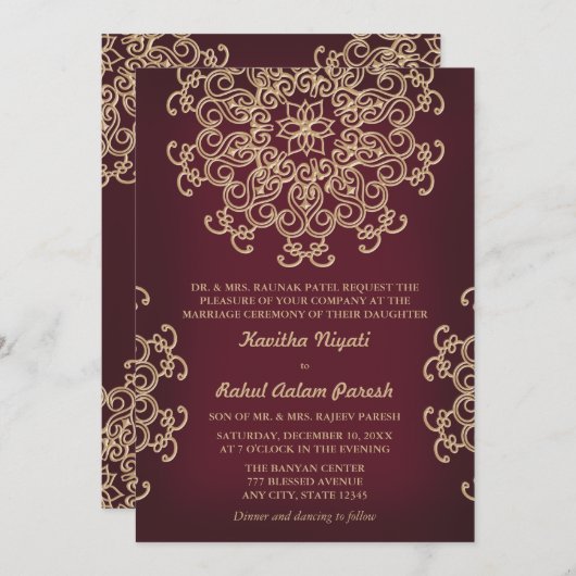 WEDINGINVITATIE IN MUND EN GOLD INDIAN STYLE KAART (Voorkant / Achterkant)