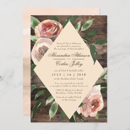 WEDINGINVITATIE | Rustisch hout Blush Floral Sage Kaart (Voorkant / Achterkant)