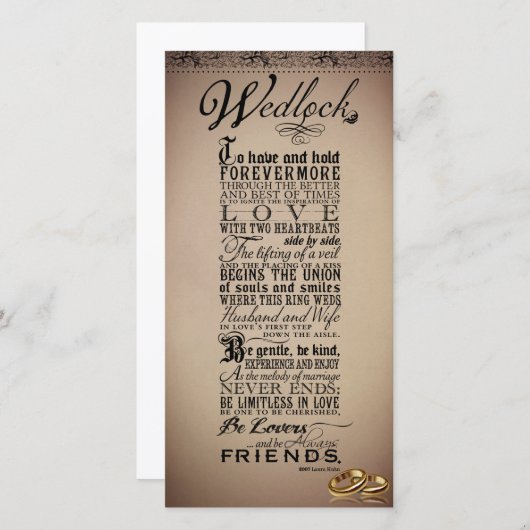 Wedlock-huwelijk huwelijk Oorspronkelijk gedicht (Voorkant / Achterkant)