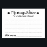Wedstrijd Made in Heaven Huwelijksadvies Kaarten<br><div class="desc">Deze liefste huwelijk advies kaarten zal de perfecte aanvulling op uw bruiloft receptie. Dit ontwerp is voorzien van een combinatie van zwarte lettertypen en de woorden "Huwelijksadvies voor een match made in Heaven". Op de kaart is ruimte voor gasten om hun advies en namen achter te laten.</div>