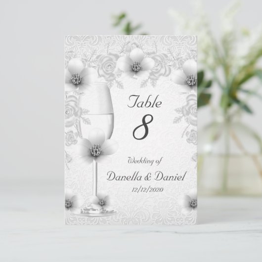 Wedstrijktabel nummer Blossom White Silver Rozen Kaart (Staand voorkant)