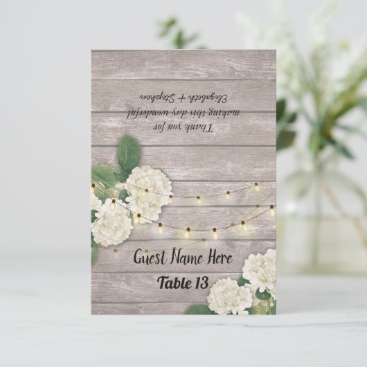 Wedstrijktafel-nummer Escort Hydrangea Rustic Wood Kaart (Staand voorkant)