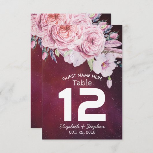 Wedstrijktafel-nummer Floral Feathers Paarse lampj Kaart (Voorkant / Achterkant)