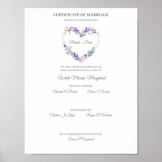 Weduwcertificaat Paarse Waterverf Floral Heart Poster (Voorkant)